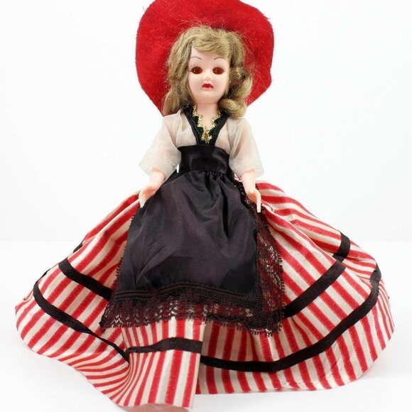Vintage Plastic Costumed Display Doll Sleep Eyes Frozen Legs Red & White Dress - Picture 1 of 10